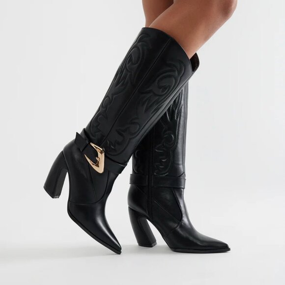 NWT Cowboy cowgirl boots size 7 black with gold buckle and embroidery - Picture 1 of 6